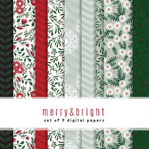Collezione di carta per scrapbooking digitale Merry and Bright {Set di 9} Carte digitali e {Set di 6} Etichette regalo uniche