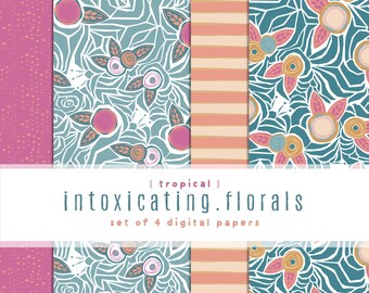 Tropical Floral Digital Paper Pack: Peach, Teal, Sorbet (12x12 JPGs, Set of 4)