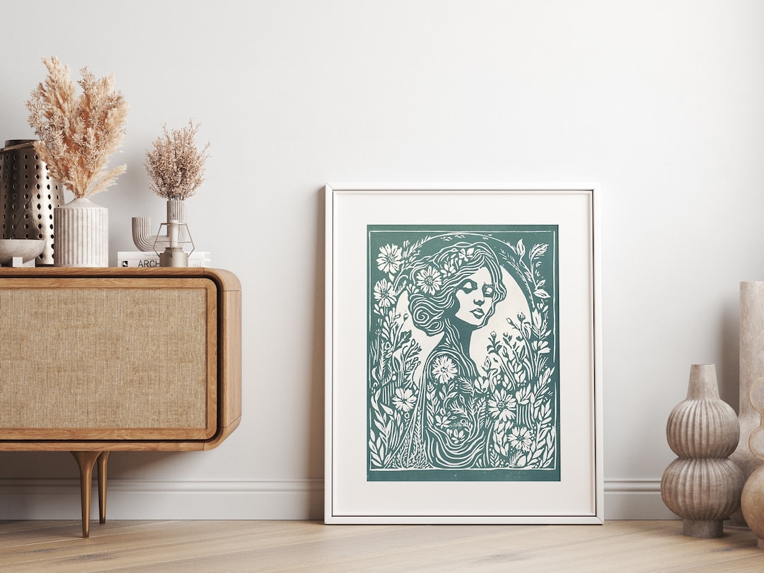 Gaia Earth Goddess Linocut Print: Spring Art Nouveau Floral Block Print ...