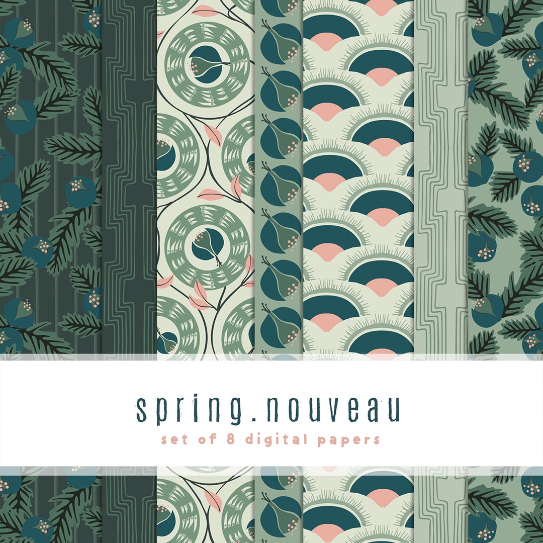 Paper Spring Collection Spring Nouveau Digital Paper Collection: Teal, Green & Pink (set of 8 ...