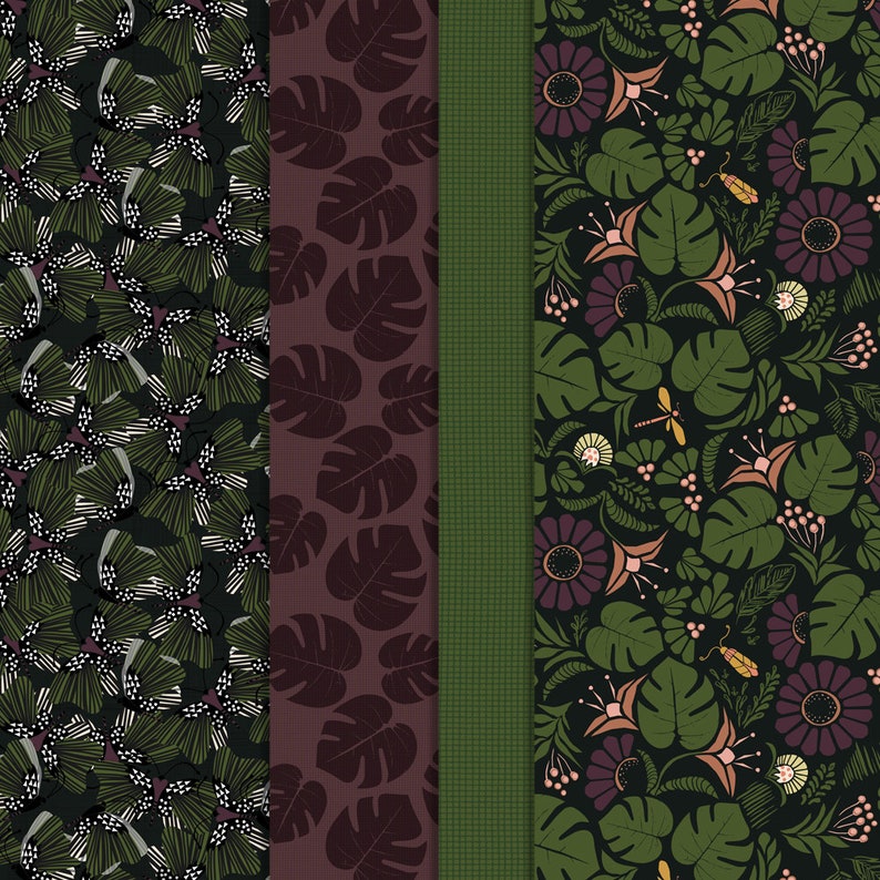 May include: Three different fabric patterns with a green and brown color scheme. The first pattern features a stylized leaf design. The second pattern features a large leaf design. The third pattern features a floral design with small flowers and leaves.