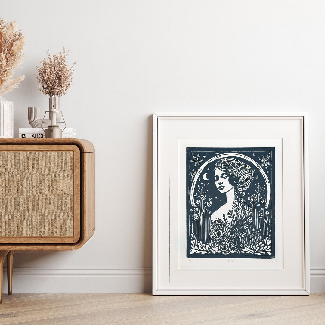 Winter Garden Goddess Linocut Print: Art Nouveau Gaia Earth Art - Etsy