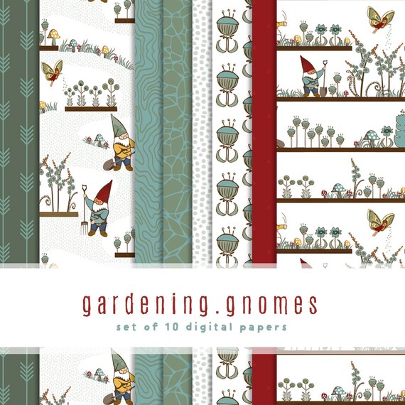 Teal and Khaki and { 12 } Digital Embellishments Gardening Gnomes Digital Scrapbooking Paper Collection { Set of 10 } in Red