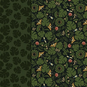 May include: A seamless pattern featuring a dark green background with a repeating design of stylized leaves, flowers, and dragonflies. The leaves are a deep green, the flowers are yellow and red, and the dragonflies are blue and green.