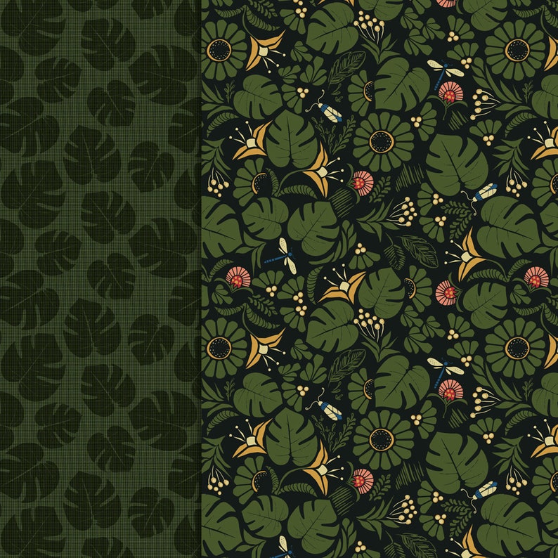 May include: A seamless pattern featuring a dark green background with a repeating design of stylized leaves, flowers, and dragonflies. The leaves are a deep green, the flowers are yellow and red, and the dragonflies are blue and green.