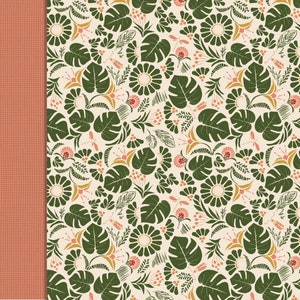 May include: A seamless pattern featuring a repeating design of green monstera leaves, yellow flowers, and pink flowers on a cream background.