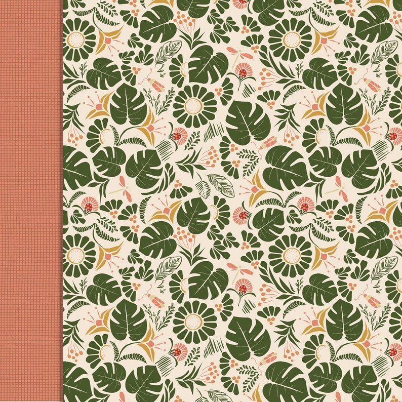 May include: A seamless pattern featuring a repeating design of green monstera leaves, yellow flowers, and pink flowers on a cream background.