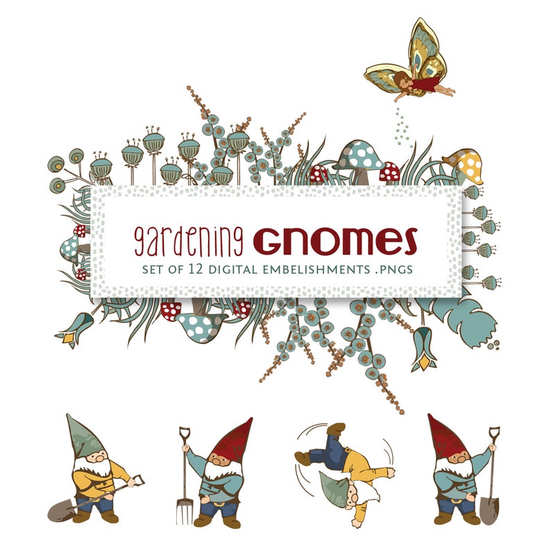 Teal and Khaki and { 12 } Digital Embellishments Gardening Gnomes Digital Scrapbooking Paper Collection { Set of 10 } in Red