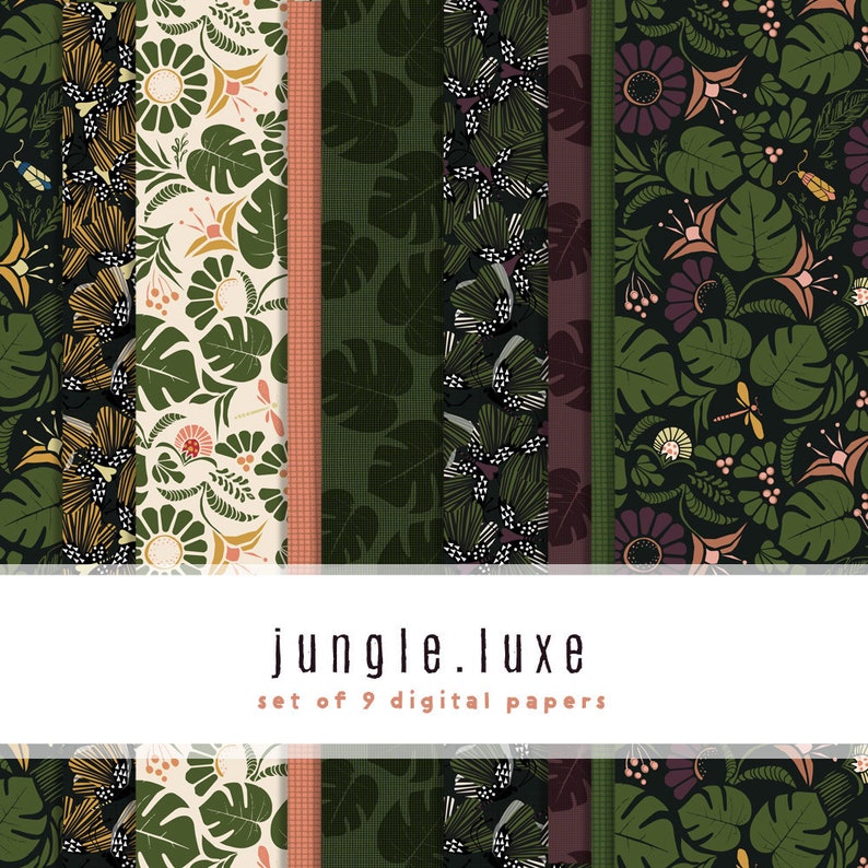 May include: A set of 9 digital papers featuring jungle-themed patterns in shades of green, brown, and cream. The patterns include leaves, flowers, and insects. The text "jungle.luxe set of 9 digital papers" is displayed at the bottom of the image.