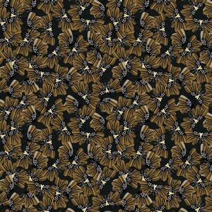 May include: A seamless pattern featuring a repeating design of stylized gold flowers on a black background.