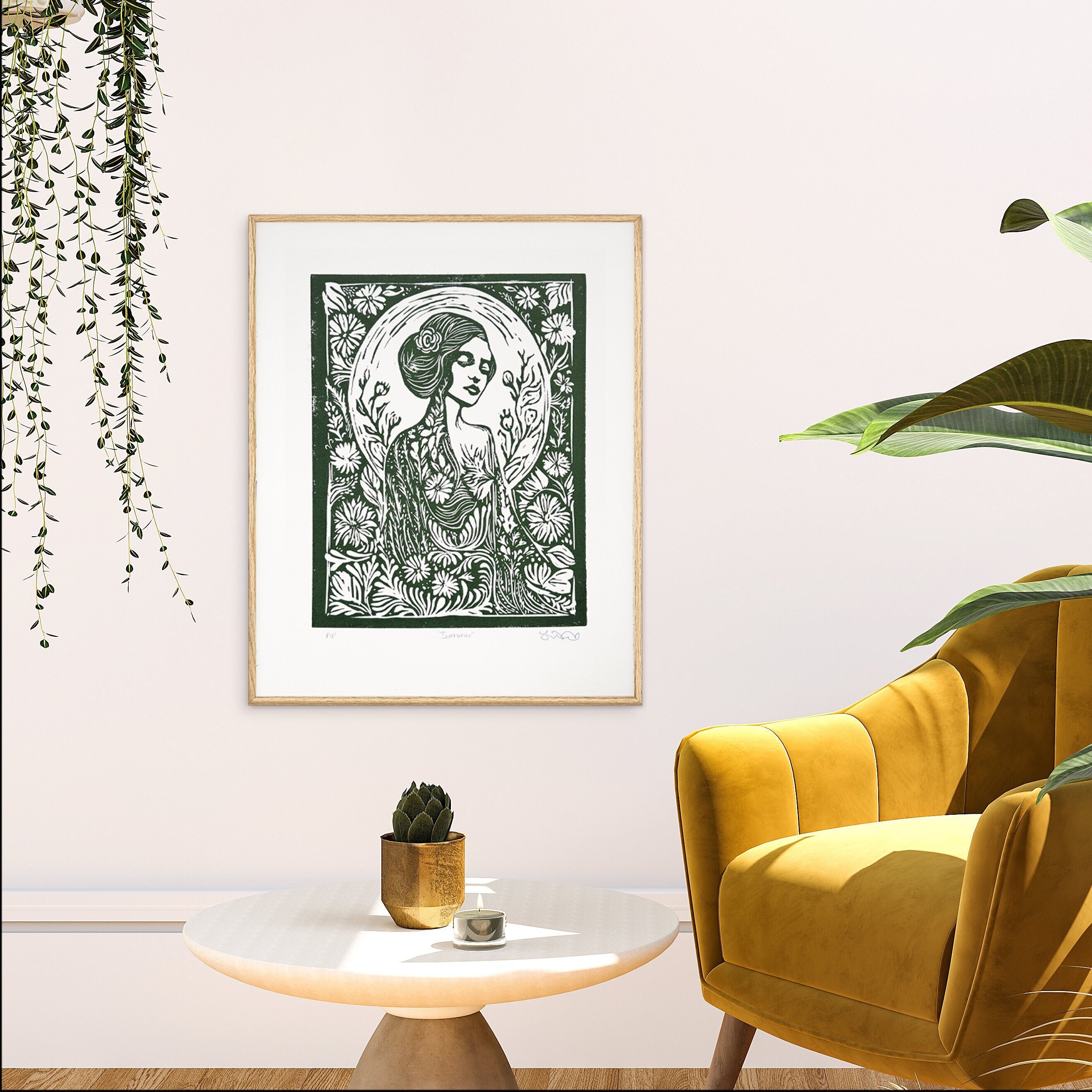 Gaia Earth Goddess Linocut Print – Art Nouveau Summer Garden - Etsy