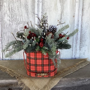 Tartan Plaid Tin Winter Arrangement~Farmhouse Winter Holiday Centerpiece~Berries and Bells Christmas or Winter Arrangement~Black and Red
