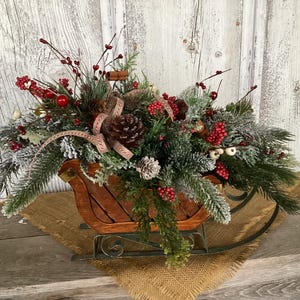 Vintage Sleigh with Jingle Bells and Pine cones Arrangement~Antique Christmas Sleigh Centerpiece~Holiday Arrangement~Vintage Wood Sleigh