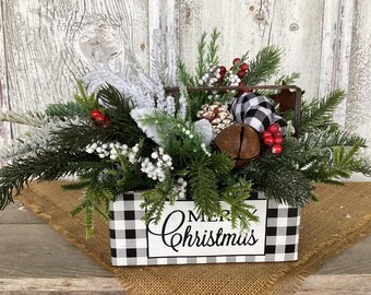 Merry Christmas Black and White Buffalo Check Mixed Greenery Arrangement