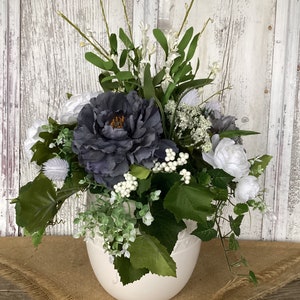 White Pottery Vase with Blue and White Table Arrangement~Year Round Floral Arrangement~Summer Blu and White Table Centerpiece