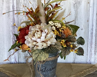 Welcome Tin Floral Arrangement, Earth Toned Autumn Centerpiece