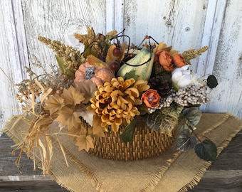 Fall Basket with Pumpkins and Floral~Autumn Basket Arrangement~Thanksgiving Decor~Fall Arrangement~Farmhouse Fall Decor~Harvest Decor