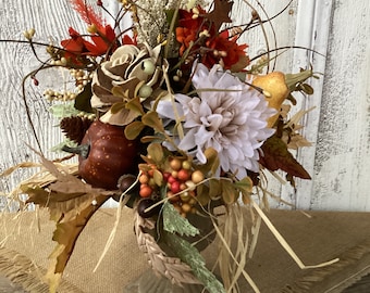 Fall Urn Planter Pumpkin Arrangement~Fall Floral Centerpiece~Autumn Table Centerpiece-Earth Tone Farmhouse Decor~Pumpkin and Gourd Decor