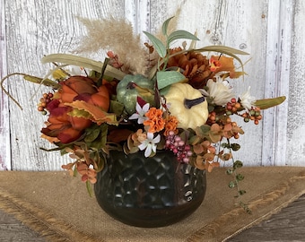 Copper Pumpkin Floral Arrangement, Autumn Farmhouse Centerpiece