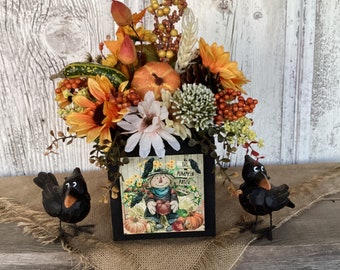 Scarecrow Autumn Pumpkin and Floral Arrangement~Fall Pumpkin Centerpiece~Harvest Centerpiece-Fall Farmhouse Decor