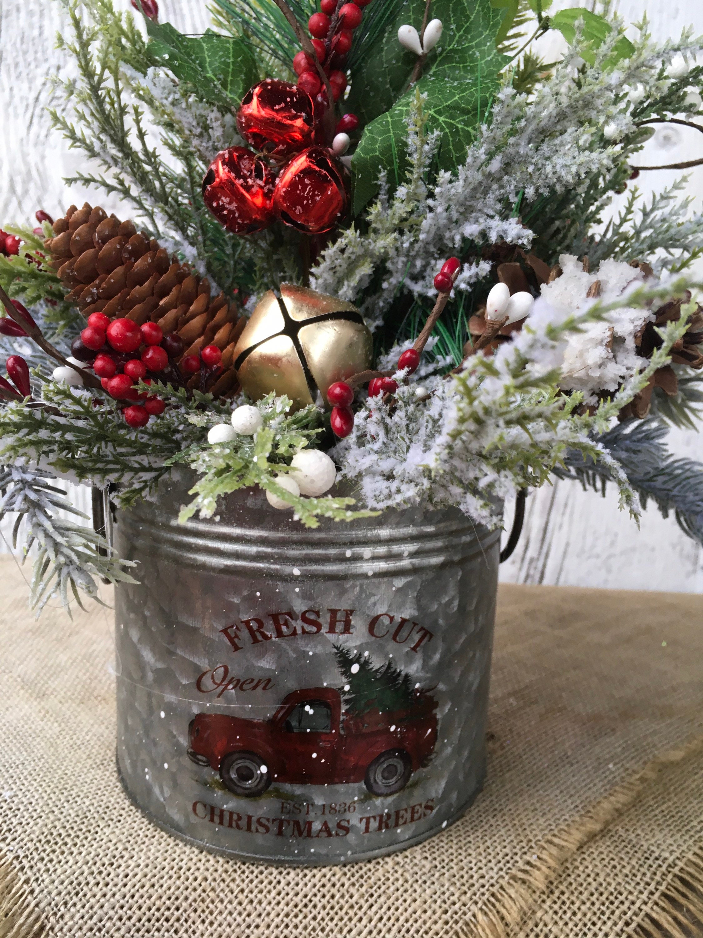 Old Red Truck Bringing Home the Tree Christmas Centerpiece Christmas Arrangement in Galvanized Tin Fresh Cut Christmas Trees Decor