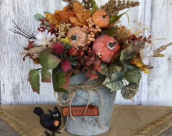 Harvest Blessings Fall Table Arrangement~Autumn Centerpiece~Thanksgiving Decor~Fall Farmhouse~Harvest Decor~Fall Pumpkins~Galvanized Tin