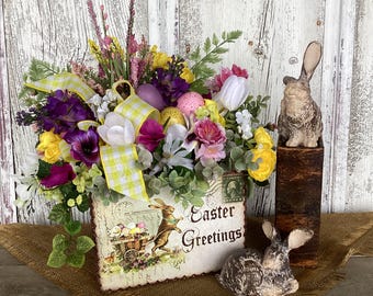 Vintage Easter Postcard Floral Centerpiece, Rabbit & Spring Blooms