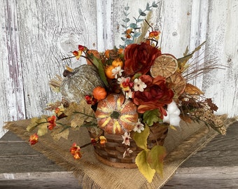 Harvest Basket with Fall Pumpkins and Floral~Autumn Basket with Gourds Arrangement~Thanksgiving Decor~Fall Arrangement~Farmhouse Fall Decor