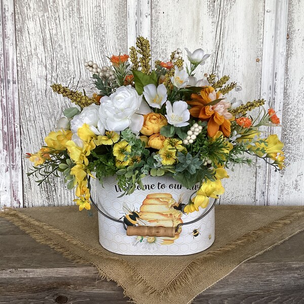 Welcome to our Hive Bee Spring Floral Arrangement~Summer White and Yellow Floral Table Centerpiece~Bee Table Centerpiece