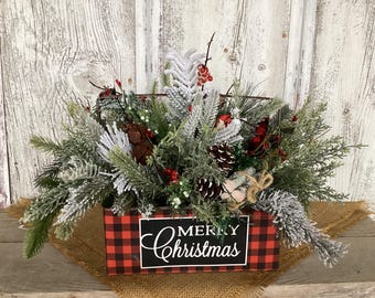 Merry Christmas Red and Black Buffalo Check Tin Holiday Centerpiece with Jingle Bells
