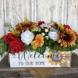 Welcome to our Home Sunflower Spring through Fall Floral Arrangement~Yellow and White Sunflower Centerpiece~Farmhouse Sunflower Table Decor