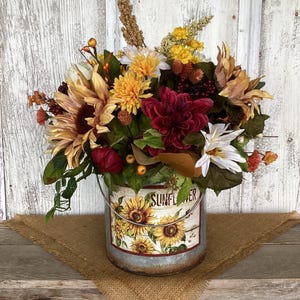 Sunflower Autumn Floral Arrangement~Galvanized Tin Sunflowers 5 Cents Fall Centerpiece~Farmhouse Fall Sunflower Decor