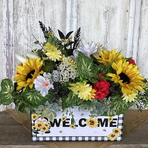 Welcome Gnome and  Sunflower Floral Arrangement~Summer Sunflower Centerpiece-Spring Sunflower and Bee Decor