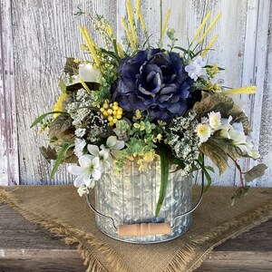 Copper Rimmed Galvanized Tin Blue and Yellow Floral Arrangement~Farmhouse Summer Floral Arrangement~Rustic Floral Centerpiece
