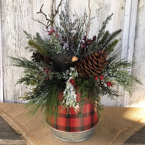 Red Buffalo Check Tin Winter Bear Arrangement~Wildlife Christmas Centerpiece~Masculine Holiday Table Decor~Farmhouse Winter Decor