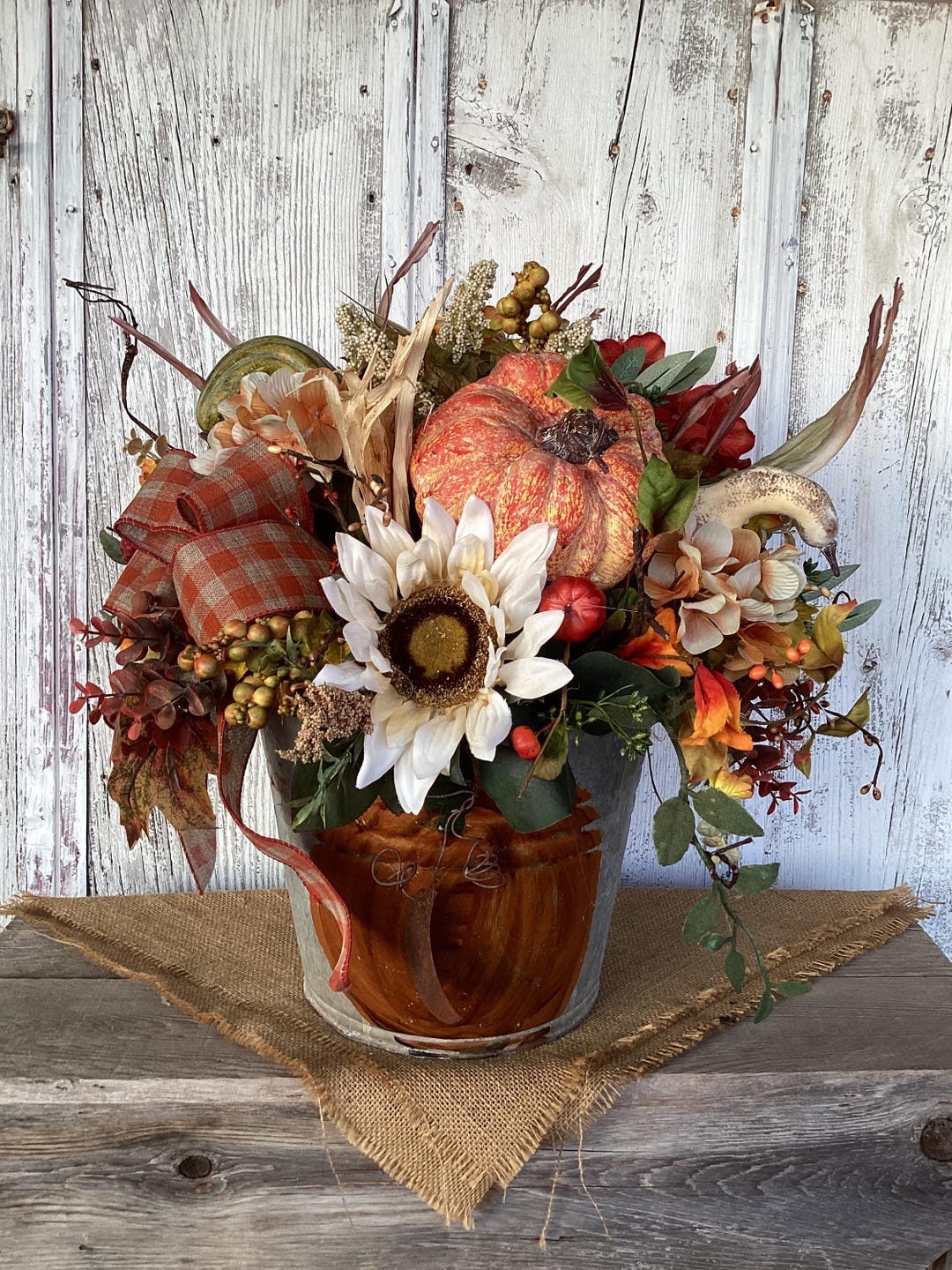 Small Fall Pails Primitive Pumpkin Floral Arrangement in Weathered Tin Pail - Etsy