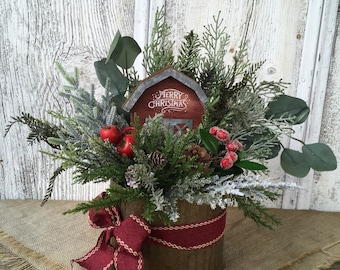 Merry Christmas Barn Arrangement~Primitive Christmas Centerpiece~Rustic Winter Christmas Barn Arrangement~Farmhouse Christmas