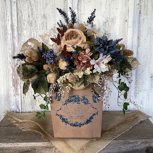 Tan and Navy Blue French Inspired  Floral Arrangement in a Wood Planter~Summer or Spring Floral Arrangement~Mothers Day~Cottage Arrangement