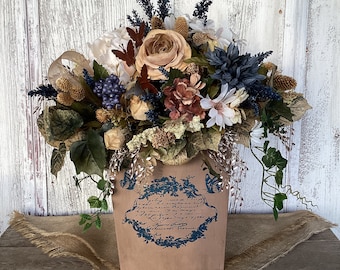 French Inspired Floral Arrangement, Tan Wood Planter Centerpiece