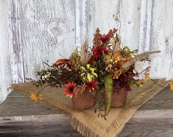 Primitive Double Tin Fall Pumpkin and Floral Arrangement~Rustic Autumn Centerpiece~Harvest Decor~Smaller Thanksgiving Arrangement