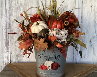 Blessing Pumpkin and Gourd Autumn Floral Arrangement, Galvanized Tin Fall Centerpiece, Farmhouse Thanksgiving Table Decor, Farmhouse Fall