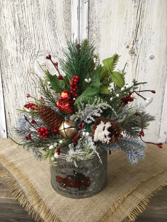 Old Red Truck Bringing Home the Tree Christmas Centerpiece Christmas Arrangement in Galvanized Tin Fresh Cut Christmas Trees Decor