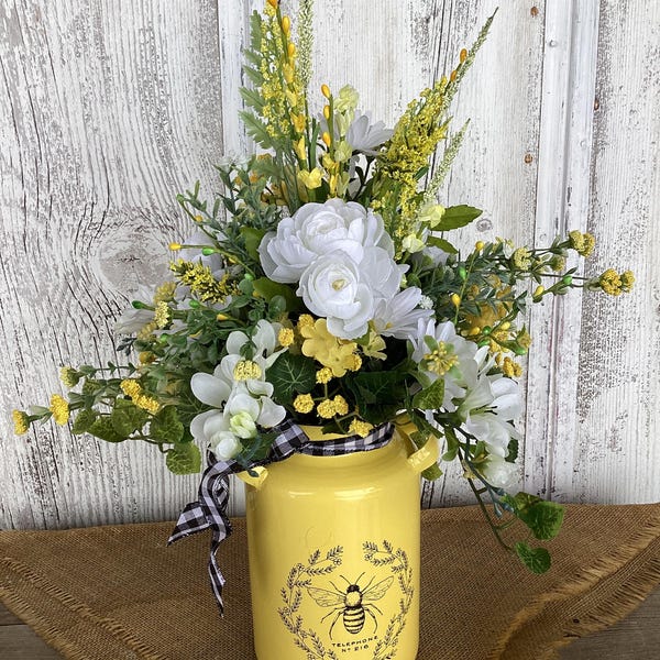Vintage Inspired Bee Spring Floral Arrangement~Summer Yellow and Black Enamel Milk Can Floral Table Centerpiece~Vintage Bee Label