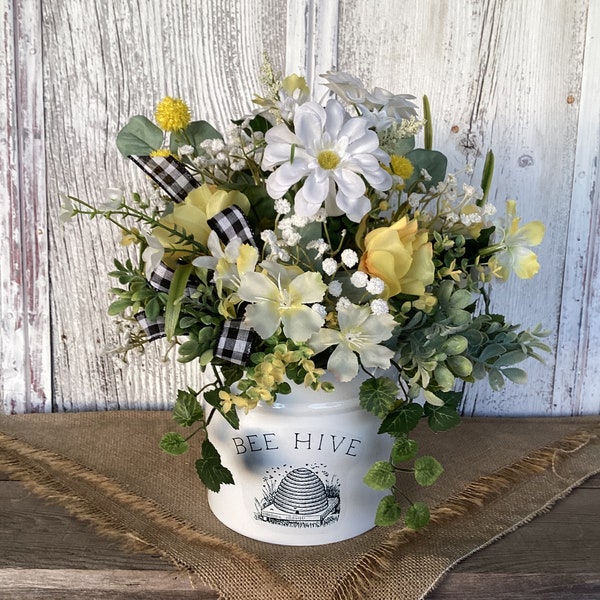Bee Hive Spring Floral Arrangement~Summer White and Yellow Floral Table Centerpiece~Vintage Label~Classic Black and White Table Decor