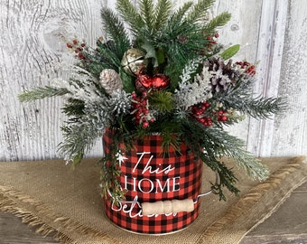 Buffalo Check Christmas Centerpiece: Red Berry Pine Arrangement