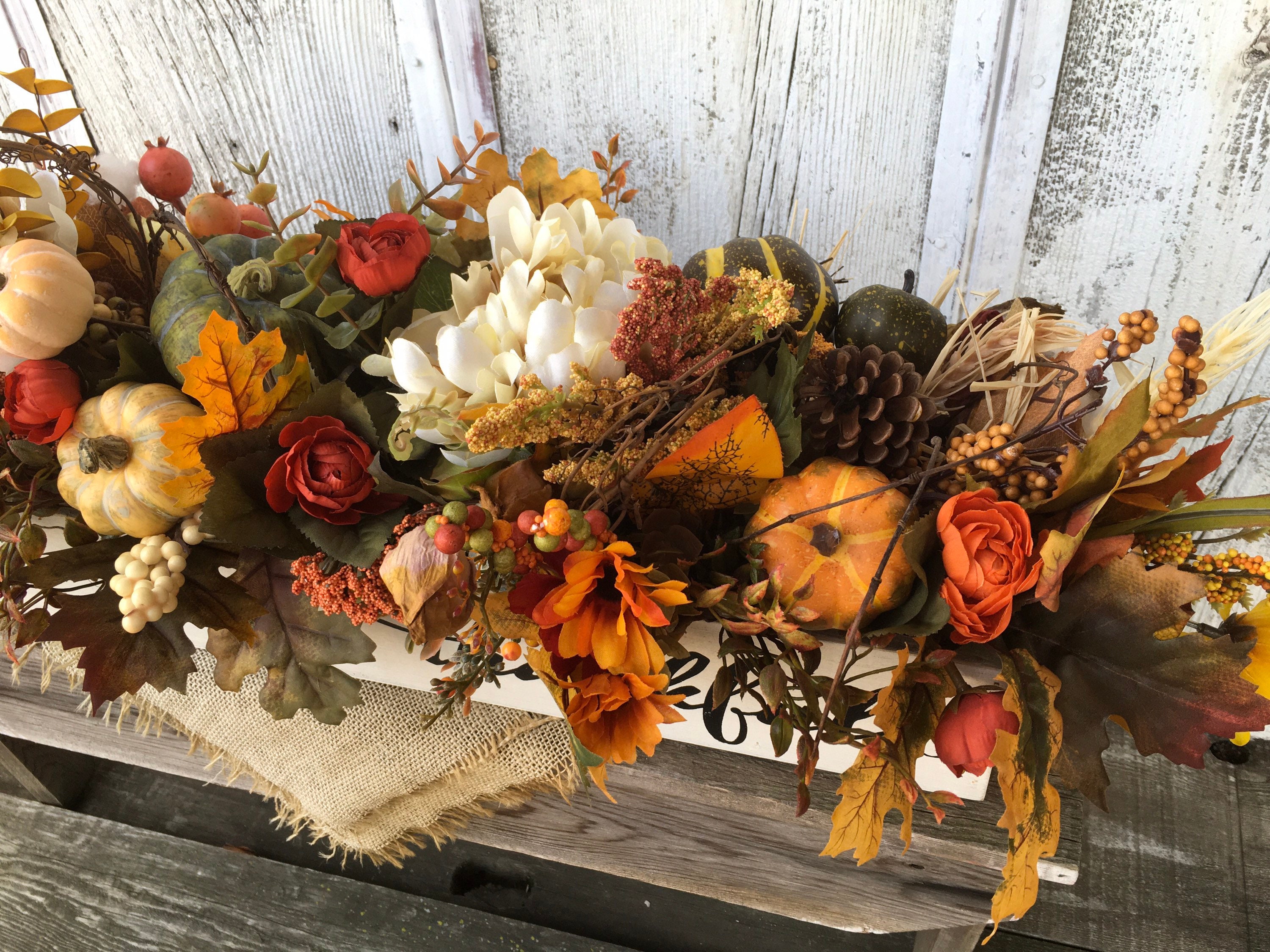 Fall Thankful Pumpkin and Floral Arrangement in Wood | Etsy