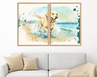 Golden Retriever Loving The Beach Shore Art Poster Prints, Wall Art Décor