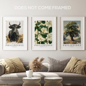 Philippines National Symbols Poster Prints, Carabao, Sampaguita, Narra Tree Set