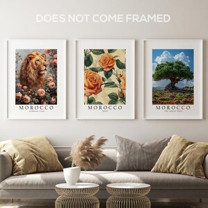 May include: Three framed prints with the word "Morocco" and a different image on each. The first print features a lion, the second print features a rose, and the third print features a tree.
