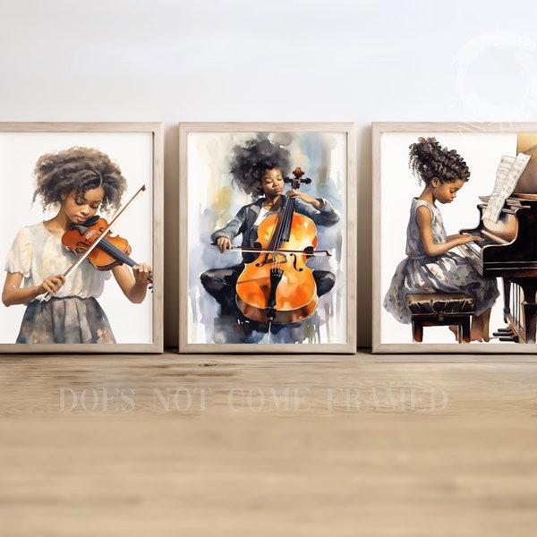 Black African American Girl Playing Piano, Cello, Violin Instruments, Set of 3 Poster Prints, Wall Art Décor